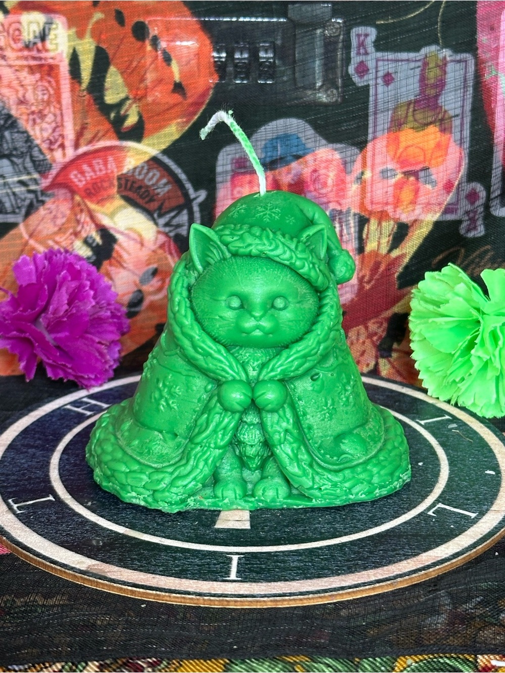 Handmade Green Winter Cat Candle – Cozy Cloaked Kitty